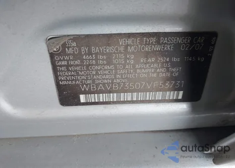 2007 BMW 335I z USA, uszkodzony, nr VIN WBAVB73507VF53731